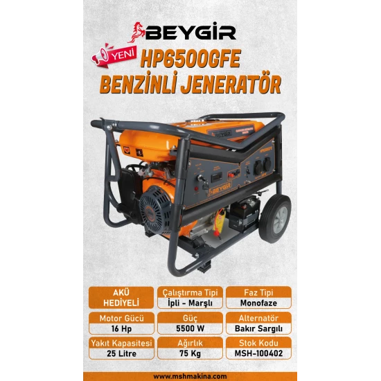 BEYGİR HP6500GFE BENZİNLİ JENERATÖR 6.5 kW